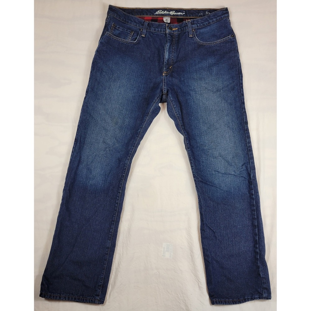 Eddie Bauer Mens 36x32 Flannel Lined Straight Leg Jeans Blue Denim Buffalo Plaid